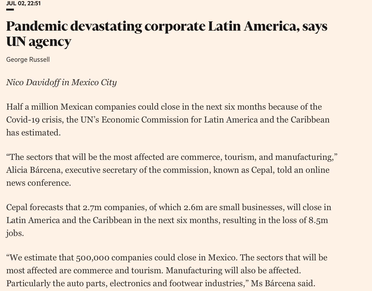 Financial Times article showing the credit Nico Davidoff in Mexico City